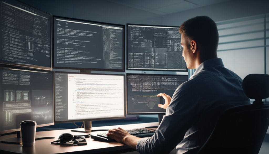 Professional developer working with advanced technology interfaces