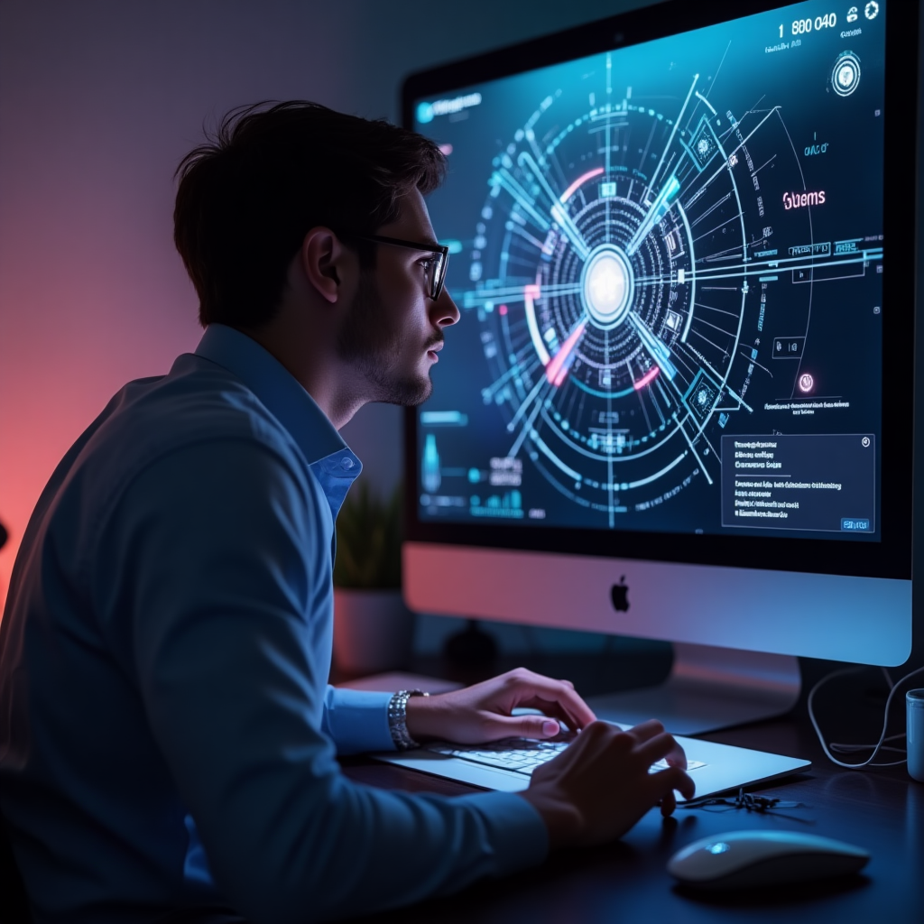 Professional developer working with advanced technology interfaces